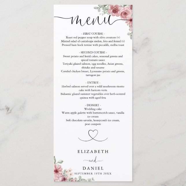 Menú Rosas Corazón Floral Escritura Cena de Boda (Anverso)