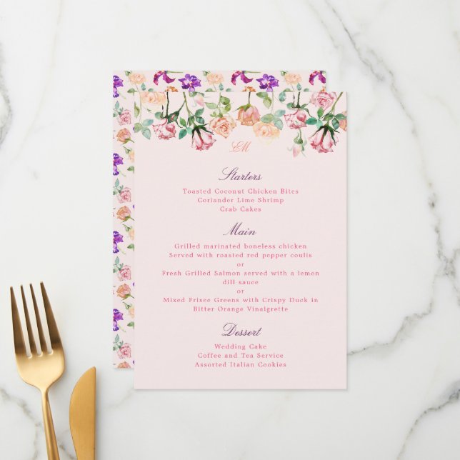 Menú Rosas de acuarela Boho Romance Botanance (Anverso/Reverso In Situ)