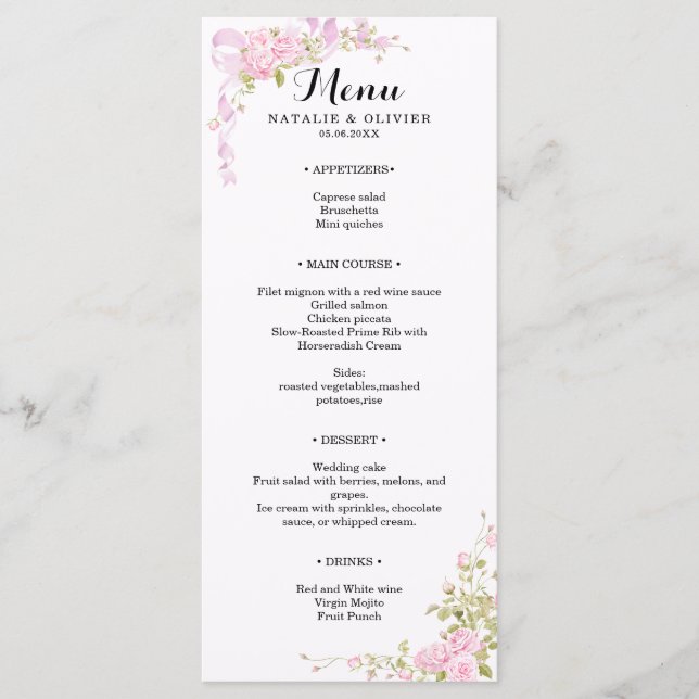 Menú Rosas de acuarela rosa suave romántico boda chic (Anverso)