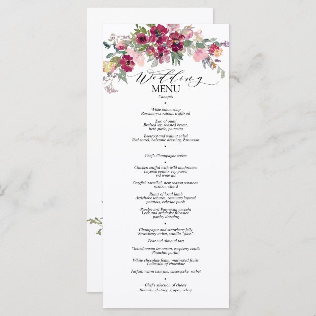 Menú Rosas de las acuarelas borgoñosas y rubias (Anverso / Reverso)