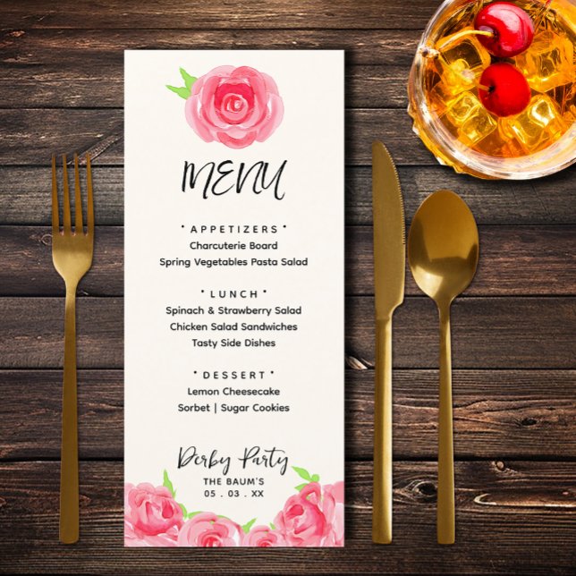Menú Rosas de moda Floral Derby Day Fiesta (Chic watercolor roses floral Derby Day party menus)
