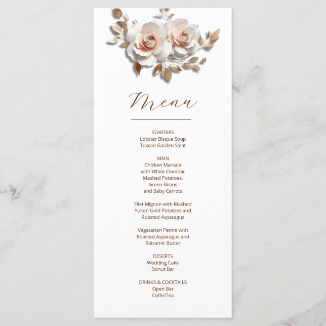 Menú Rosas de oro rosa esculturales flor 3D boda (Anverso)