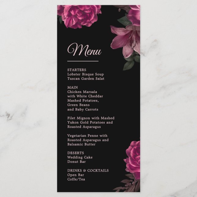 Menú Rosas dibujadas a mano para boda romántica oscura (Anverso)