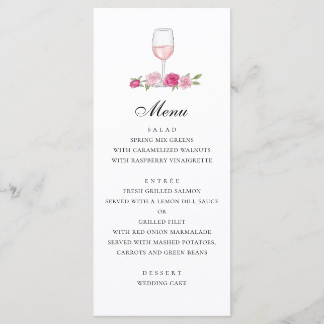 Menú Rosas. Elegante boda floral rosa. Vidrio de vino (Anverso)