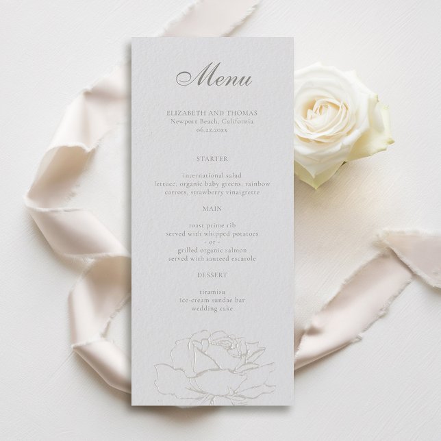 Menú Rosas falso Grabado en relieve Boda formal clásico (formal wedding menu card traditional faux embossed roses floral ivory modern classic narrow)