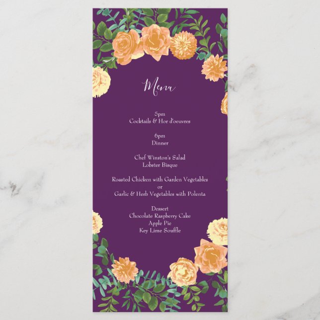 Menú Rosas Florales Peach Purple Boda (Anverso)