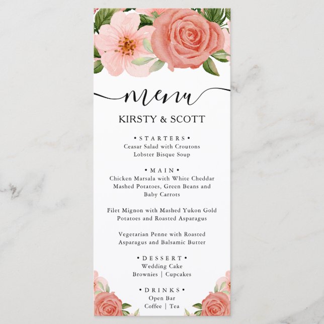 Menú Rosas Flores Rosadas Acuarela Boda (Anverso)