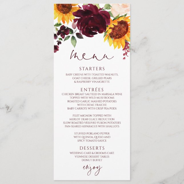 Menú Rosas Girasoles Rústicos Rojo Borgoña Boda (Anverso)
