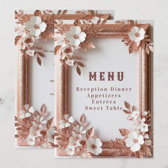 Menú 💍 Rosas Melocotón Dorado Rosa Decoración de Boda  (Anverso / Reverso)