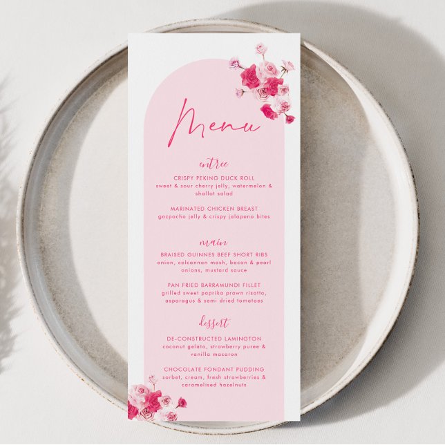 Menú Rosas modernos de ducha con flores brillantes rosa (Pink Bridal Shower Menu | Matching items available.)