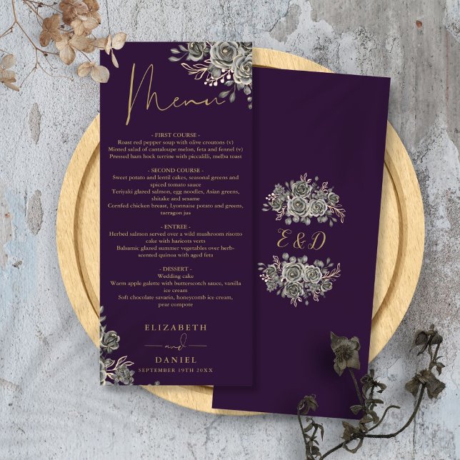 Menú Rosas Morado Y Oro Cena Boda Gótica Floral (Purple And Gold Roses Floral Gothic Wedding Dinner Menu)