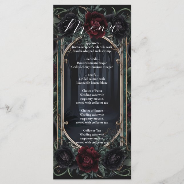 Menú Rosas Negras Floral Gótico Boda de Halloween (Anverso)