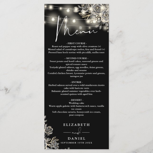 Menú Rosas Negras Y Blancas Luces Cena De Boda Gótica (Anverso)