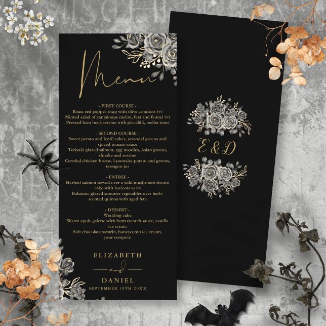 Menú Rosas Negros Y Oro Cena Boda Gótica Floral (Black And Gold Roses Floral Gothic Wedding Dinner Menu)