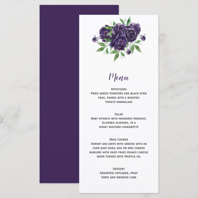 Menú Rosas púrpura acuarela y Boda de vegetación (Anverso / Reverso)