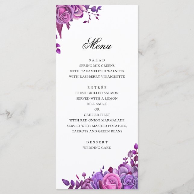 Menú Rosas rosados y morados. Boda floral acuarela (Anverso)