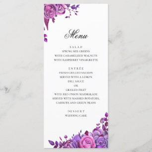 Menú Rosas rosados y morados. Boda floral acuarela