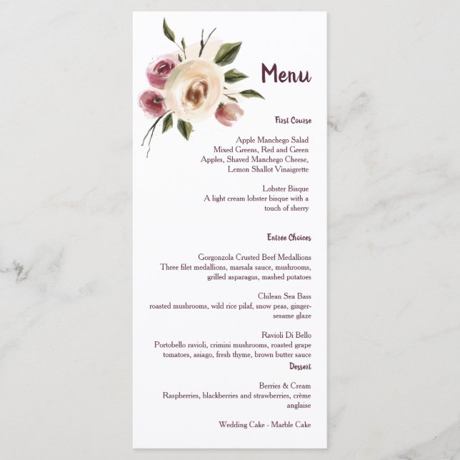 Menú Rosas suaves y elegantes marco de crema de borgoña (Anverso)
