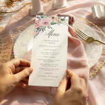 Menú Rosas subsutiles de acuarela | Flores de bodas<br><div class="desc">Bonitas cartas bodas de moda con un ramo de flores acuáticas de rosas polvorientos y flores en tonos violeta,  rosa,  azul y verde,  con un elegante texto moderno y caligrafía de fondo blanco.</div>