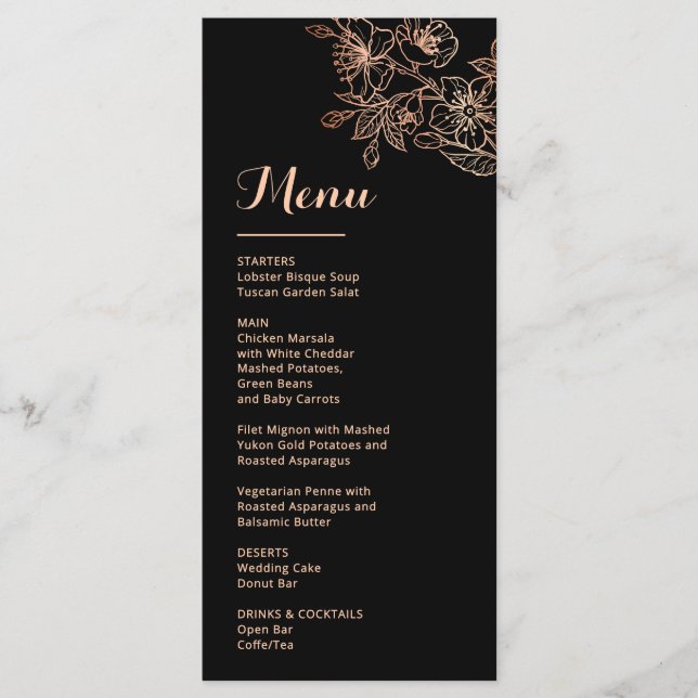 Menú Rose Gold Floral Line Art Black Wedding (Anverso)