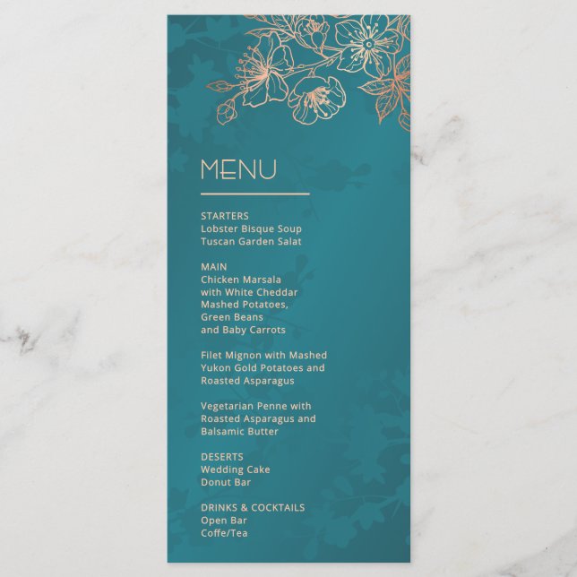 Menú Rose Gold Teal Floral Line Art Wedding (Anverso)