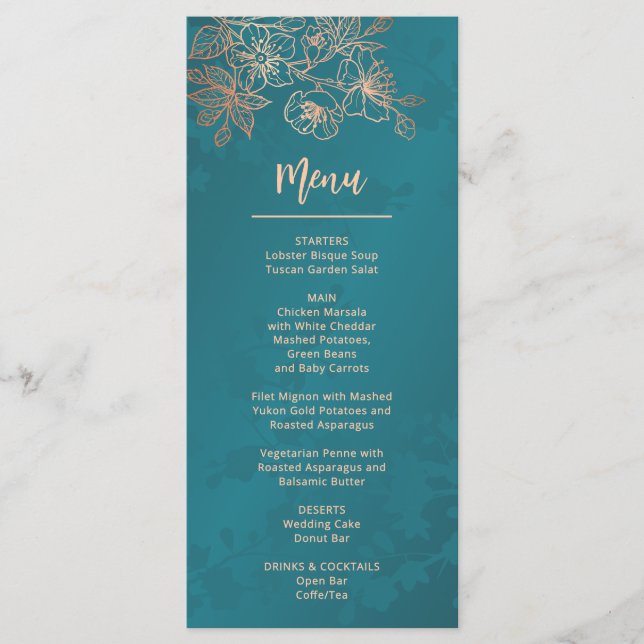 Menú Rose Gold Teal Floral Line Art Wedding (Anverso)