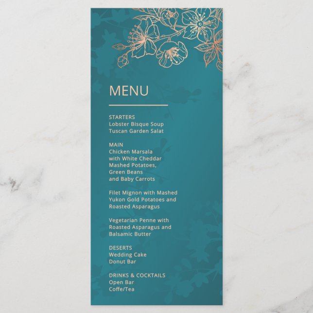 Menú Rose Gold Teal Floral Line Art Wedding (Anverso)