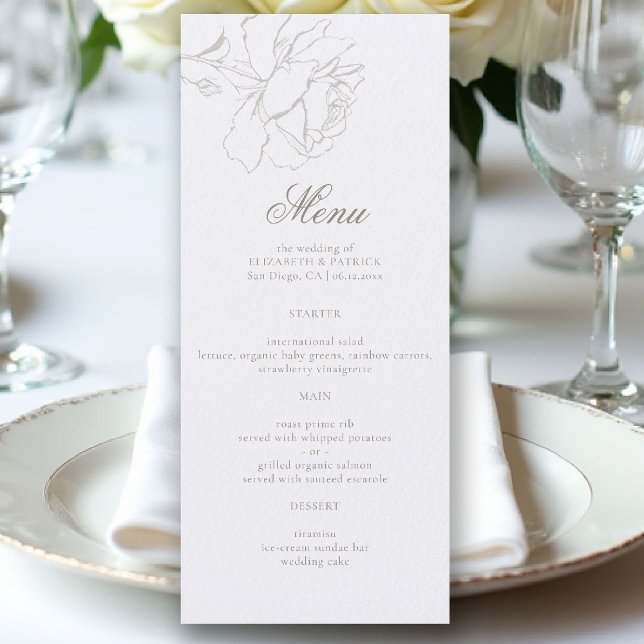Menú Roses Formal Modern Classic Pearl Elegant Wedding (ethereal wedding theme white table menu formal traditional modern classic floral roses elevated)