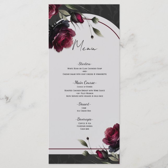Menú Roses rojos burdeos Boda floral gris oscuro (Anverso)