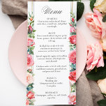 Menú Roses rosadas románticas y caligrafía<br><div class="desc">Bonitas columnas de elegantes rosales color agua rosa rubor y follaje verde sobre un sutil fondo de color pastel de agua y etiqueta central con bordes dorados. Presenta el gráfico de texto "Menu" en el tipo de letra del guión personalizado (o borrar y personalizar en el editor de diseño) con...</div>