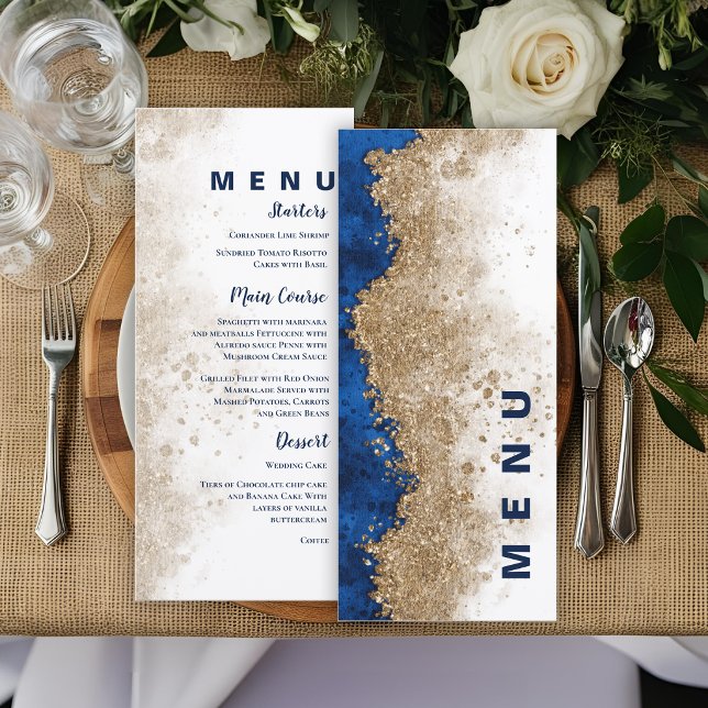 Menú Royal Blue Gold Formal Luxury Wedding Reception  (Royal Blue Gold Wedding Menu Card | Elegant Blue and Gold Reception Menu)
