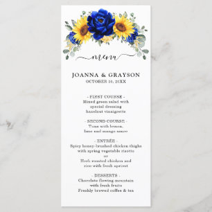 Menú Royal Blue Rustic Sunflower Moderno Boda Floral