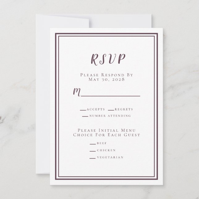 Menú RSVP Boda minimalista Blanco morado (Anverso)