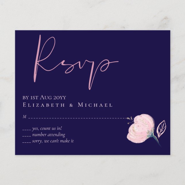 Menú RSVP de Boda de Oro Rosa Azul de Marina (Anverso)