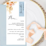 Menú Rubor personalizado azul y color con nombre de inv<br><div class="desc">¿Por qué gastar en las tarjetas de lugar y de menú cuando se puede tener un elegante menú todo en uno personalizado con cada nombre de invitado? Diseño contemporáneo, sencillo y elegante con exquisitos detalles florales acuáticos en una hermosa mezcla de melocotón, corales naranjas, rubor, polvorientos, crema y champán. Elementos...</div>