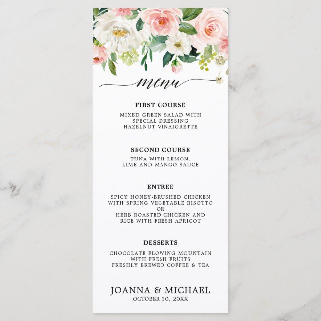 Menú Rubor Pink Florals Boda botánico moderno (Anverso)