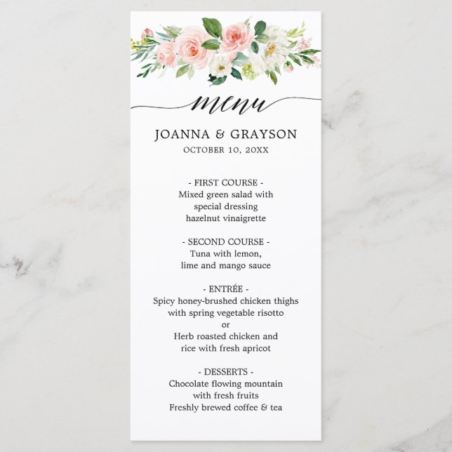 Menú Rubor Pink Florals Boda botánico moderno (Anverso)