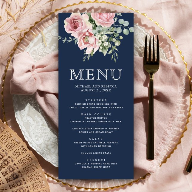 Menú Rubor Rosa Floral Eucalipto Azul Marino Boda (Subido por el creador)
