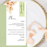 Menú Rubor verde y transparente personalizado con nombr<br><div class="desc">¿Por qué gastar en las tarjetas de lugar y de menú cuando se puede tener un elegante menú todo en uno personalizado con cada nombre de invitado? Diseño contemporáneo, sencillo y elegante con exquisitos detalles de acuarela floral en una hermosa mezcla de melocotón, naranja, color rubor, rosa polvoriento, crema y...</div>
