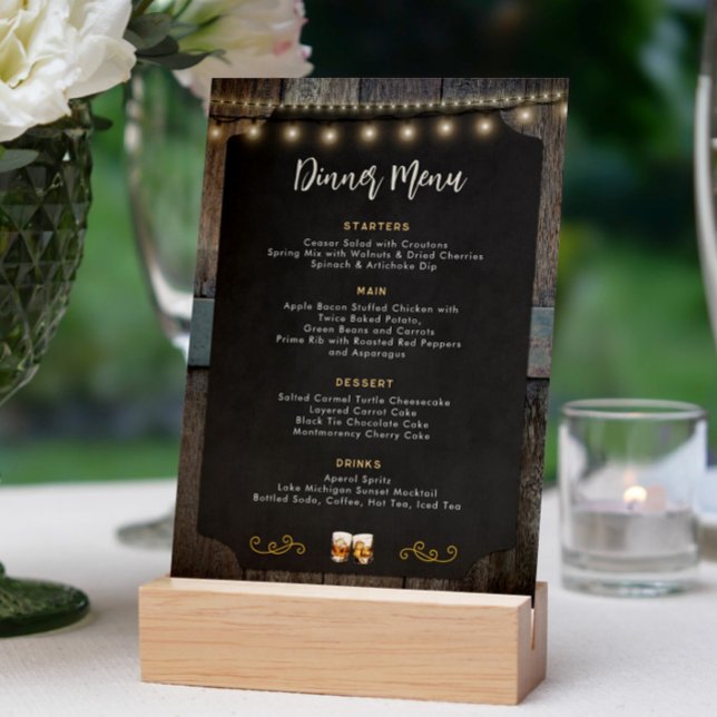 Menú Ruidosos Chequeos Whiskey Tema De Cena 5x7 (Rustic Cheers Whiskey Shot Themed Dinner Menu)