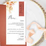 Menú Rust and Peach Rubor Personalizado con nombre de i<br><div class="desc">¿Por qué gastar en las tarjetas de lugar y de menú cuando se puede tener un elegante menú todo en uno personalizado con cada nombre de invitado? Diseño contemporáneo, sencillo y elegante con exquisitos detalles florales acuáticos en una hermosa mezcla de melocotón, corales naranjas, rubor, polvorientos, crema y champán. Elementos...</div>
