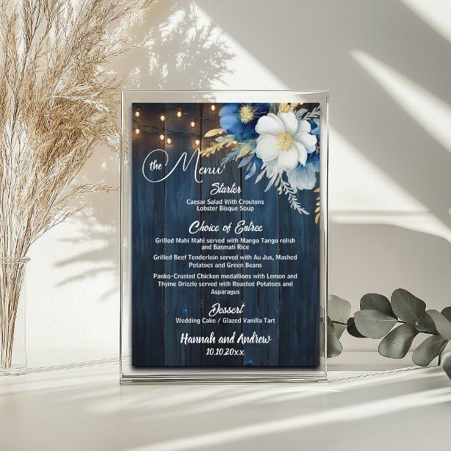 Menú Rustic Blue Wood String ilumina a Boda floral (Subido por el creador)