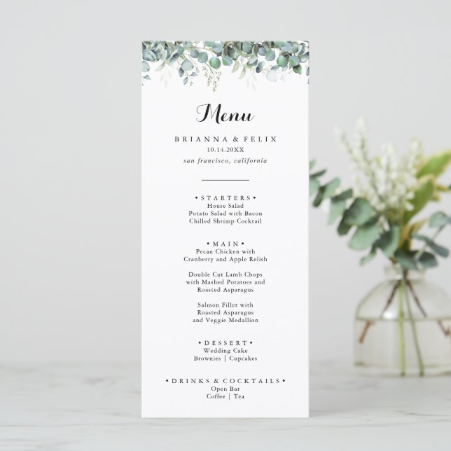 Menú Rustic Botanical Eucalyptus Greenery Wedding (Anverso de pie)