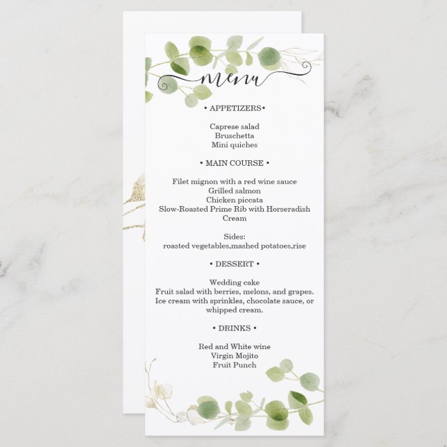 Menú Rustic Eucalyptus Greenery Gold Wedding Reception (Anverso / Reverso)