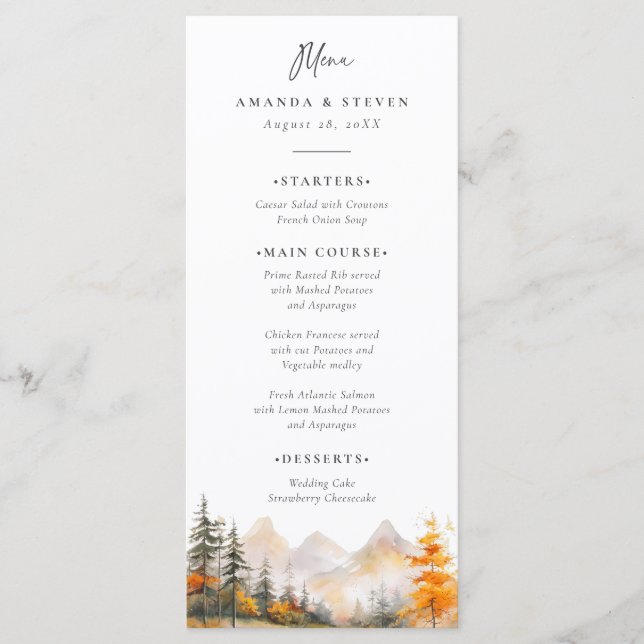 Menú Rustic Fall Mountain Pine Forest Wedding (Anverso)