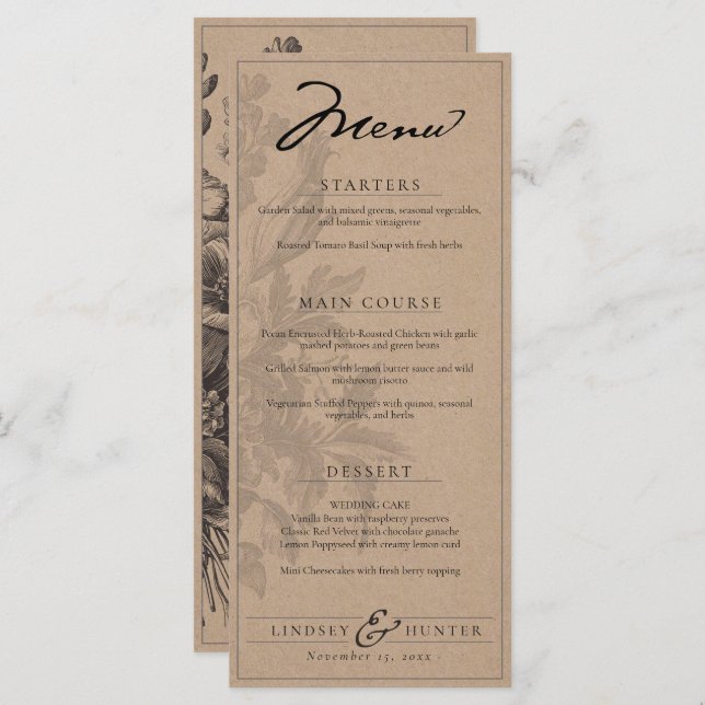 Menú Rustic Kraft Vintage Floral Romantic Wedding (Anverso / Reverso)