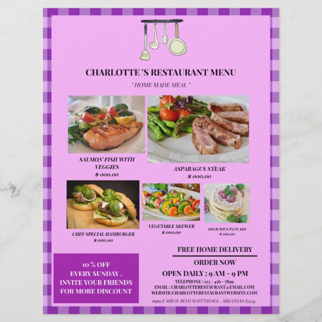 Menú Rustic Purple Plaid Restaurant (Frente)