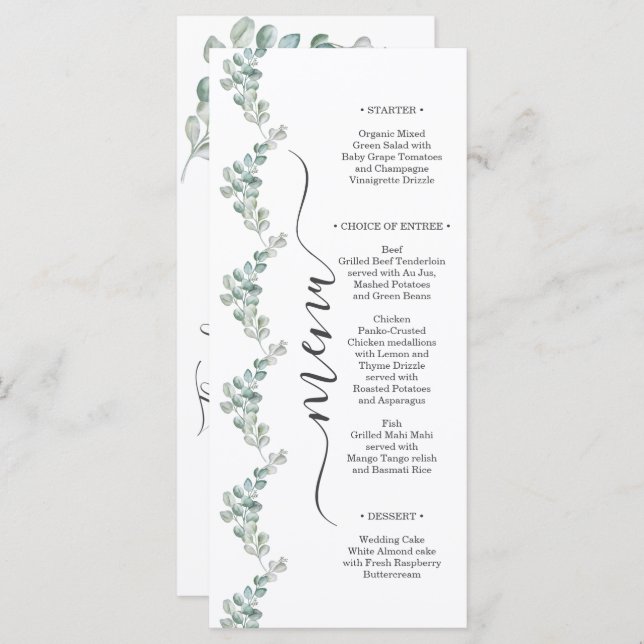 Menú Rustic Watercolor Eucalyptus Greenery Wedding (Anverso / Reverso)
