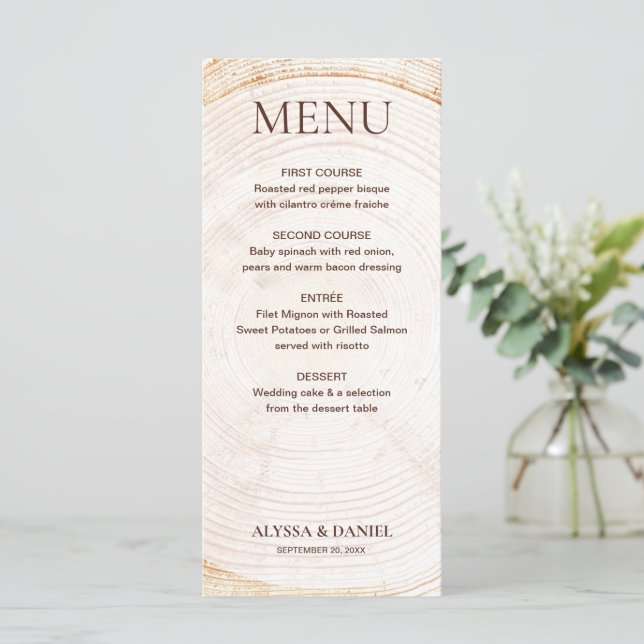 Menú Rustic Wedding Tree rings Wood bark Grain  (Anverso de pie)