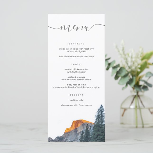 Menú Rustic Yosemite Half Dome Sunset Wedding (Anverso de pie)